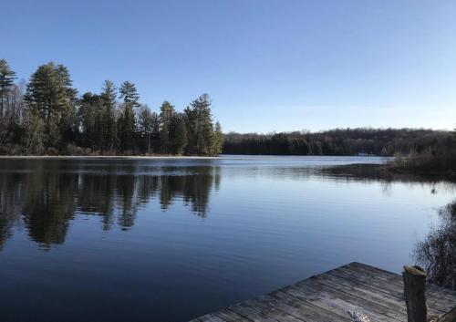 a view of a large lake with a dock at Quiet Bay Lakeside Escape in Magnetawan