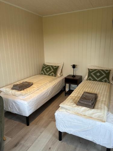 a room with two beds and a table with a lamp at Akrar guesthouse in Hella