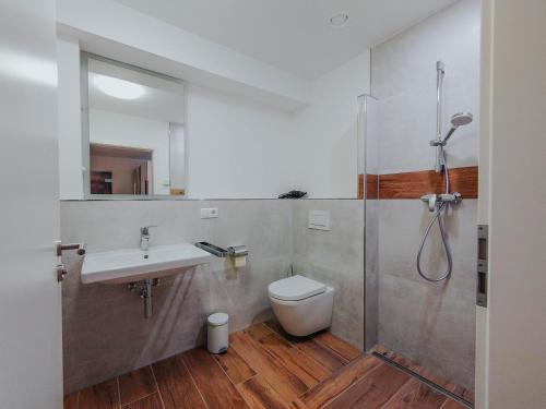 a bathroom with a shower and a toilet and a sink at Apartment Gemini by Salzkammergood Living in Tauplitz