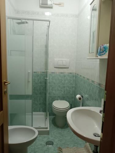 a bathroom with a shower and a toilet and a sink at Casa al Pozzarello in Porto Santo Stefano