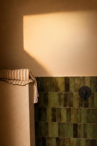 a bathroom with a shower with green tiles on the wall at Olivo Mio in La Paz