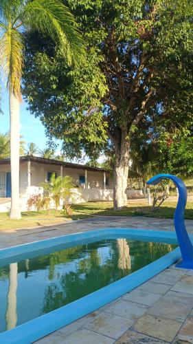 a swimming pool with a blue fountain in a yard at Kite House Barreiras in Macau