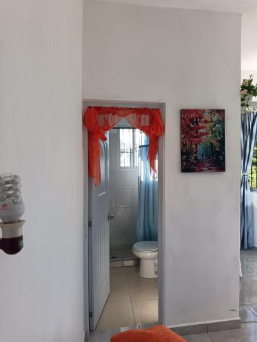 a bathroom with a toilet and a red shower curtain at Puravida # 1 in Colorado