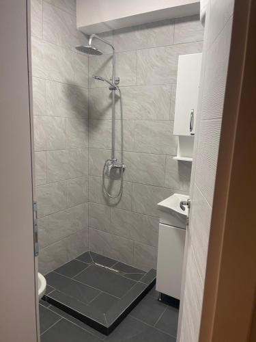 a shower with a glass door in a bathroom at Guest House Vuthaj in Vusanje