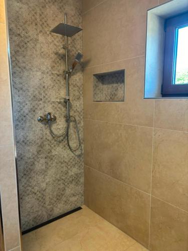 a shower with a shower head in a bathroom at Apartmán Madlen in Dolní Bobrová