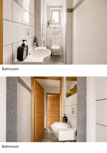 two pictures of a bathroom with a sink and a toilet at Ferienhaus Bailey in Laupheim