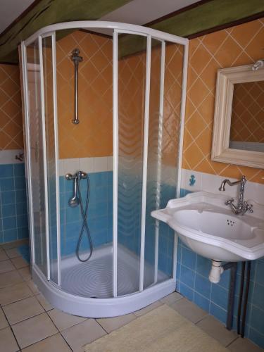 a shower in a bathroom next to a sink at Le mas des Anglades in Saint-André-de-Valborgne