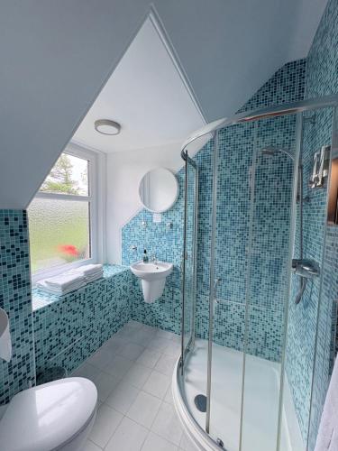 a bathroom with a shower and a toilet and a sink at Glenan Lodge Self Catering in Tomatin