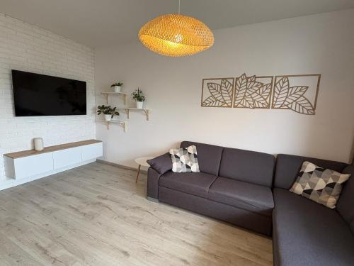 a living room with a couch and a flat screen tv at Apartmán pod Rovencom in Nové Mesto nad Váhom