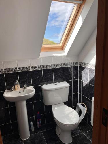 a bathroom with a toilet and a sink and a window at Callacoon Cottage in Louisburgh