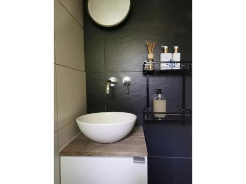 a bathroom with a bowl sink and a mirror at Scandinavian Forest Cabin in Twente in Markelo