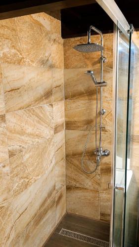 a bathroom with a shower with a wooden wall at Klidná Chalupa in Bulhary