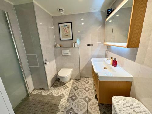 a bathroom with a shower and a toilet and a sink at Fornes Bed & Breakfast in Fornes