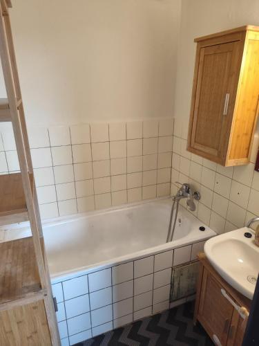 a bathroom with a bath tub and a sink at Apartman Elizabeth in Pardubice