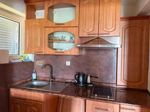 a kitchen with wooden cabinets and a sink at Villa Tara in Gostivar