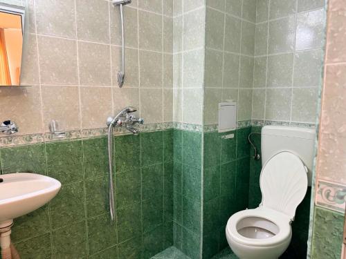 a bathroom with a shower and a toilet and a sink at Guest House Dayana Apartment 2 in Ravda