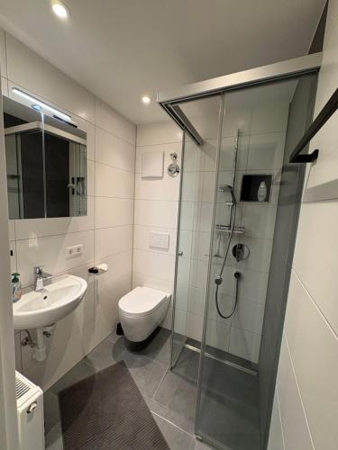 a bathroom with a shower and a toilet and a sink at VITA Apartment in Herrenberg