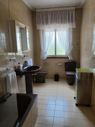 a bathroom with a sink and a toilet and a window at A Lucita-Ribeira Sacra in Rubiacós