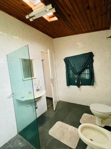 a bathroom with a shower and a toilet and a sink at Pousada Canastra Raíz in Delfinópolis