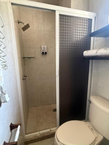 a bathroom with a shower with a toilet at Hotel Aljófar in Montemorelos