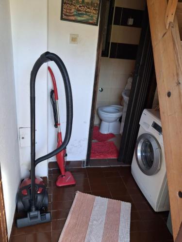 a red vacuum cleaner in a bathroom with a toilet at Srce Prirode in Pljevlja