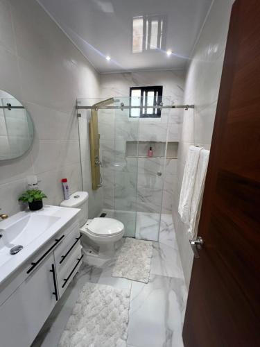 a bathroom with a shower and a toilet and a sink at Las margaritas in La Pascuala