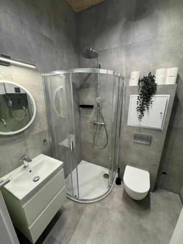 a bathroom with a shower and a toilet and a sink at Apartament Zbąszynek in Zbąszynek