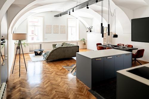 a kitchen and living room with an arched ceiling at Main Square Apartments in Maribor