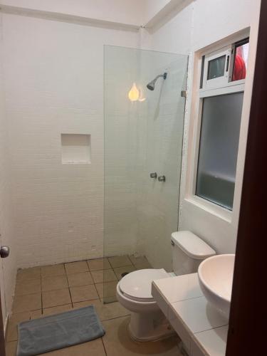 a bathroom with a toilet and a glass shower at Paraíso maya apartaments in Playa del Carmen