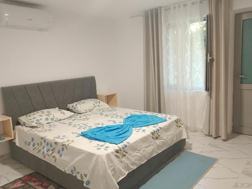 a bedroom with a bed with blue sheets and a window at ArsonGuest in Berat