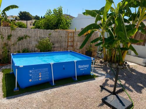 a blue pool in a yard next to a fence at Casa Perico Reyes in Cartagena
