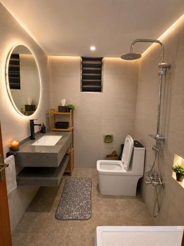 a bathroom with a sink and a toilet and a mirror at Zaaytre house in Ḩayy al Mukhabbaʼ