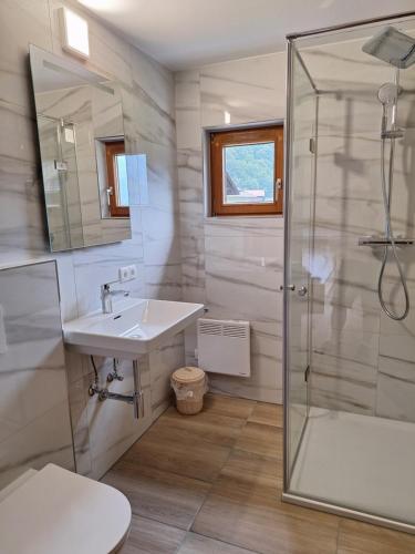 a bathroom with a sink and a shower at Montafon Valley Rooms in Sankt Gallenkirch