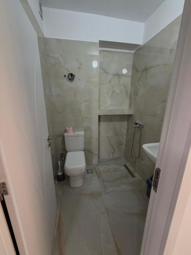 a bathroom with a white toilet and a sink at Lukova rooms in Lukovë