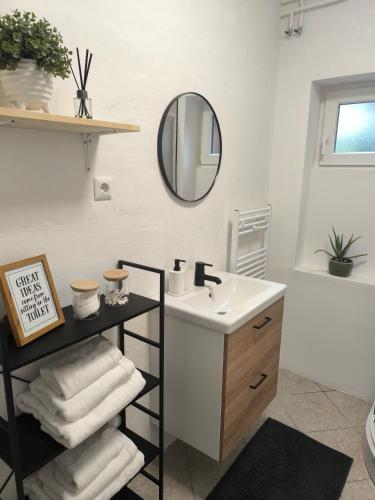 a bathroom with a sink and a mirror at Apartma Sofiora in Dekani
