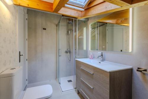 a bathroom with a shower and a sink and a toilet at apartamentos catedral suite in Ávila