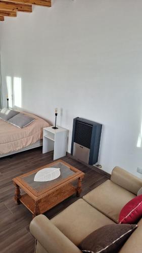 a living room with a couch and a tv at Loft en las Sierras in Villa Giardino