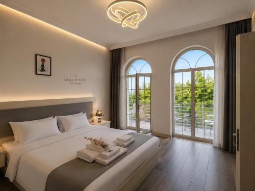 a bedroom with a large white bed and windows at SAkura Hotel Astara in Astara