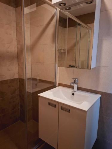 a bathroom with a sink and a shower at Apart sunset in Bar