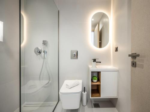 a bathroom with a shower and a toilet and a sink at Nimar Villas in Gaïtánion