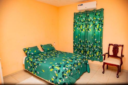 a bedroom with a green bed and a chair at Boom Ranch in Palmarito