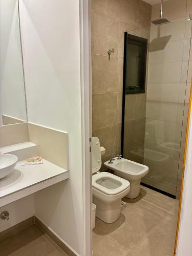 a bathroom with a toilet and a sink and a shower at Plaza Suites Cafayate in Cafayate