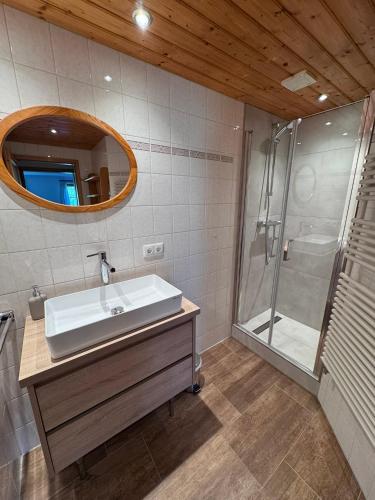 a bathroom with a sink and a shower at Ferienwohnung Hoisenlehen in Marktschellenberg
