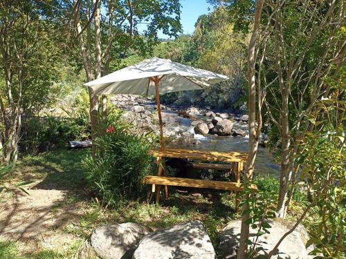 a chair with an umbrella next to a river at Camping Monteluz Lago Ranco in Lago Ranco