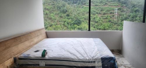 a bed in a room with a large window at Villa colibrí in Piñas