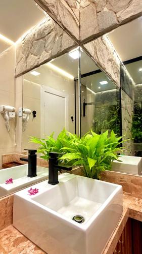 a bathroom with a white sink and a mirror at Chalé Jardim Itália em Tianguá in Tianguá