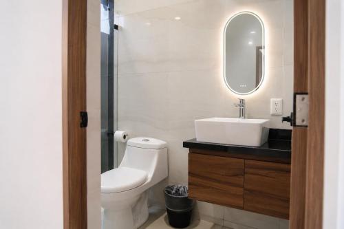 a bathroom with a toilet and a sink and a mirror at Loft Ejecutivo San Martin Centro Wifi Tv 65 in San Martín Texmelucan de Labastida