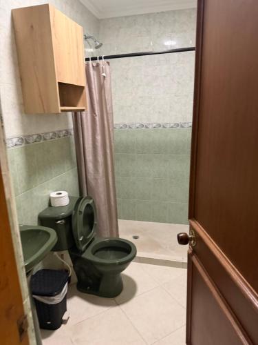a bathroom with a green toilet and a shower at Habitaciones Casa Lisboa in San Andrés