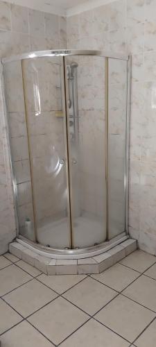 a shower with a glass door in a bathroom at RestZone Healing Guest Suite in Pietermaritzburg