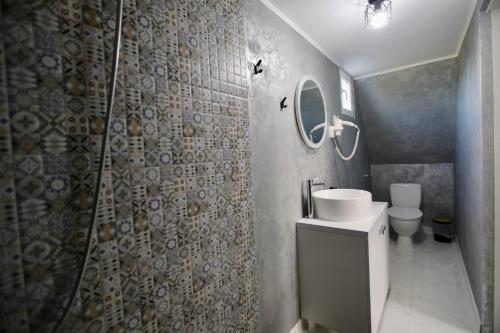 a bathroom with a sink and a toilet and a shower at VLD House A Frame in Vadu